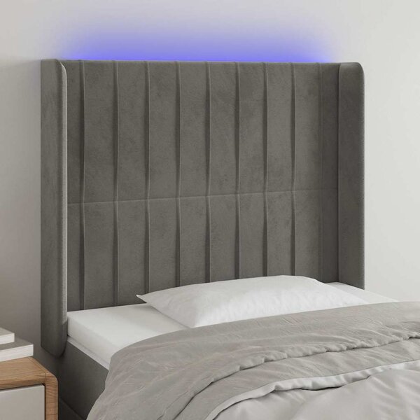 Čelo postele s LED světle šedé 93x16x118/128 cm samet 3124322