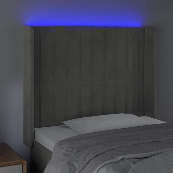 Čelo postele s LED světle šedé 93x16x118/128 cm samet 3124322