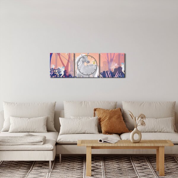 Obraz - Jednorožec v magickém lese (s hodinami) (90x30 cm)