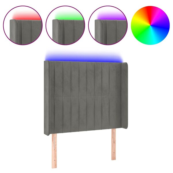 Čelo postele s LED světle šedé 93x16x118/128 cm samet 3124322