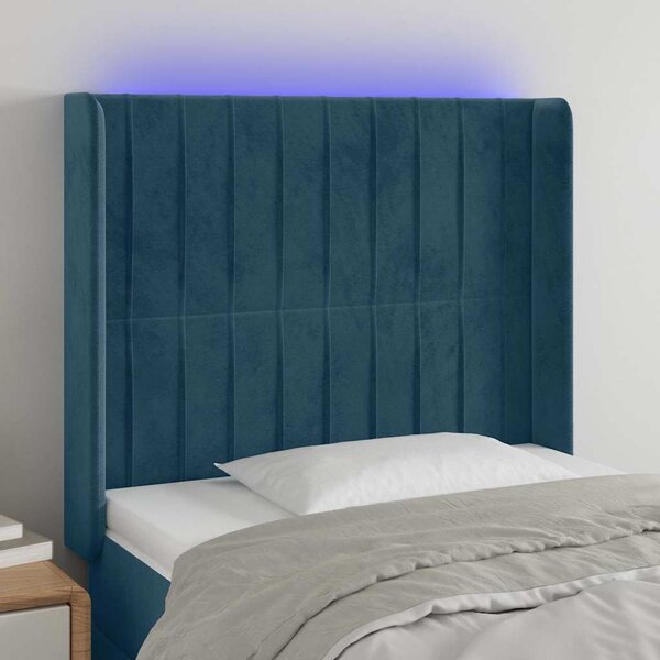 Čelo postele s LED tmavě modré 93 x 16 x 118/128 cm samet 3124326