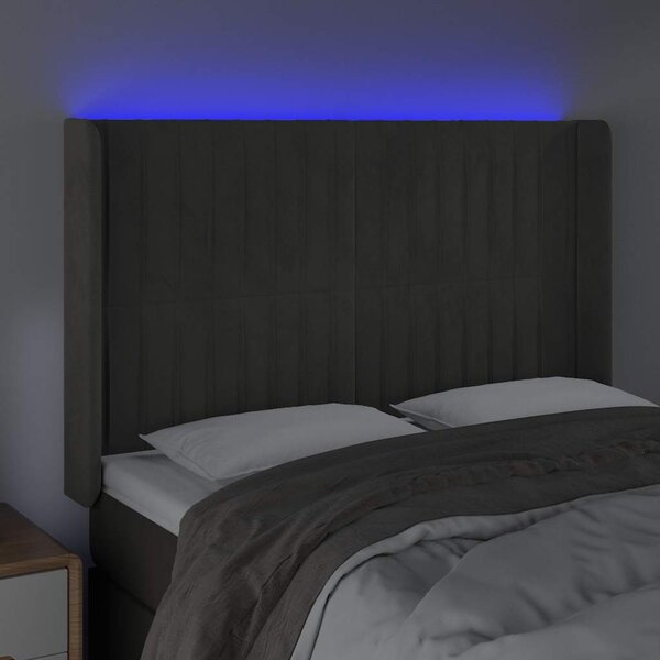 Čelo postele s LED tmavě šedé 147 x 16 x 118/128 cm samet 3124335