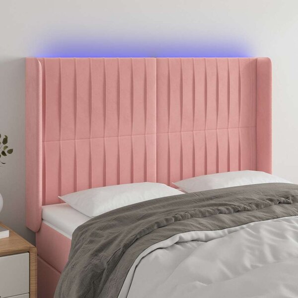 Čelo postele s LED růžové 147 x 16 x 118/128 cm samet 3124339