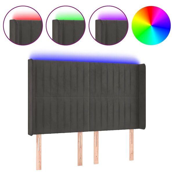 Čelo postele s LED tmavě šedé 147 x 16 x 118/128 cm samet 3124335