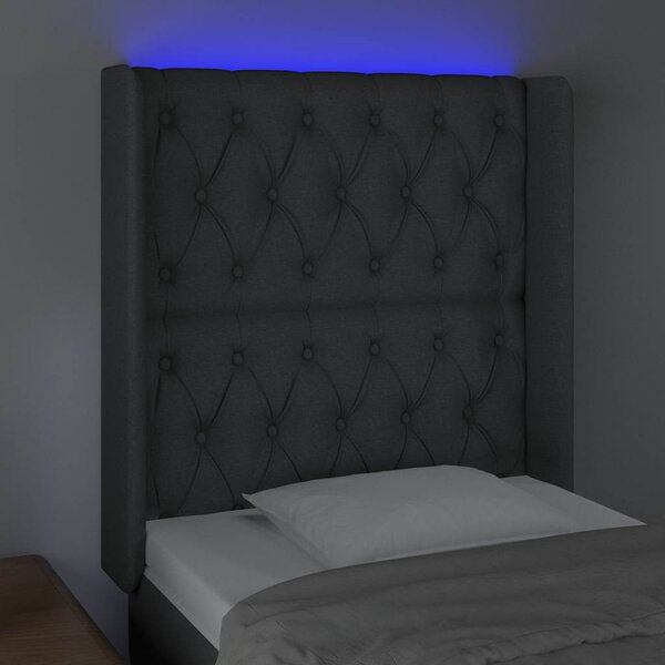 Čelo postele s LED tmavě šedé 83 x 16 x 118/128 cm textil 3124359