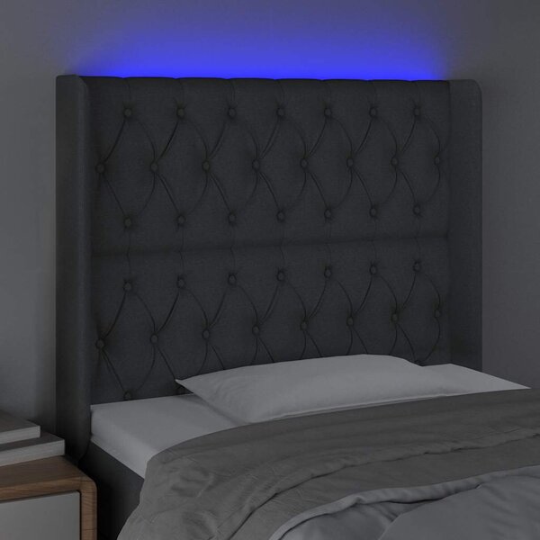 Čelo postele s LED tmavě šedé 93 x 16 x 118/128 cm textil 3124367
