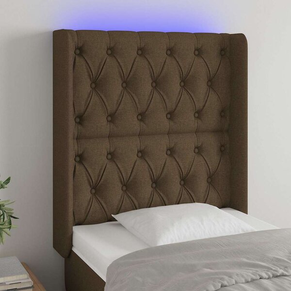 Čelo postele s LED tmavě hnědé 83 x 16 x 118/128 cm textil 3124361