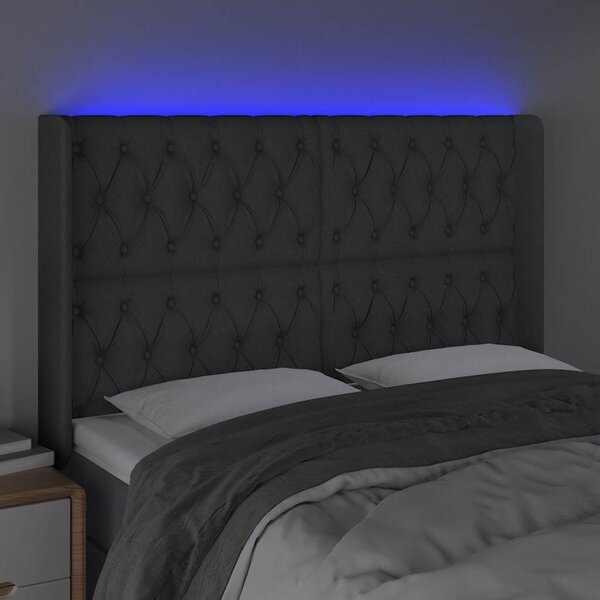 Čelo postele s LED tmavě šedé 147 x 16 x 118/128 cm textil 3124383