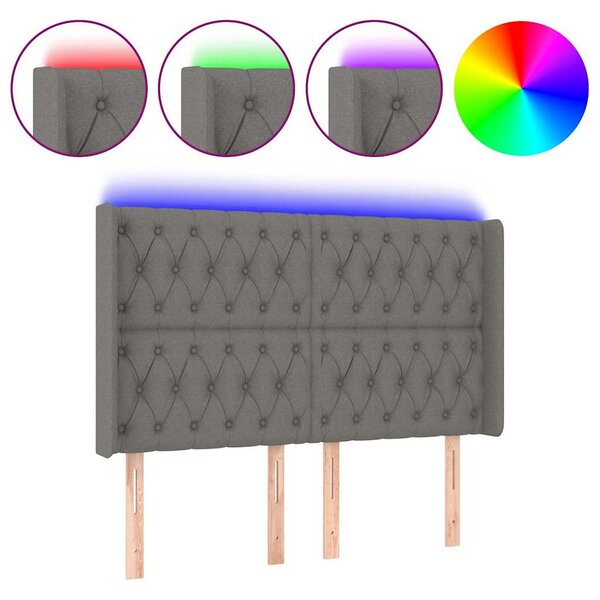 Čelo postele s LED tmavě šedé 147 x 16 x 118/128 cm textil 3124383