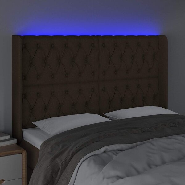 Čelo postele s LED tmavě hnědé 163 x 16 x 118/128 cm textil 3124393