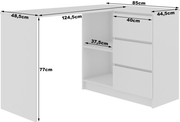 Rohový kancelářský stůl B16 124 cm pravý, bílý / bílý lesk