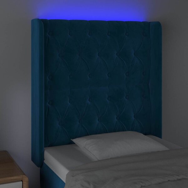 Čelo postele s LED tmavě modré 83 x 16 x 118/128 cm samet 3124418