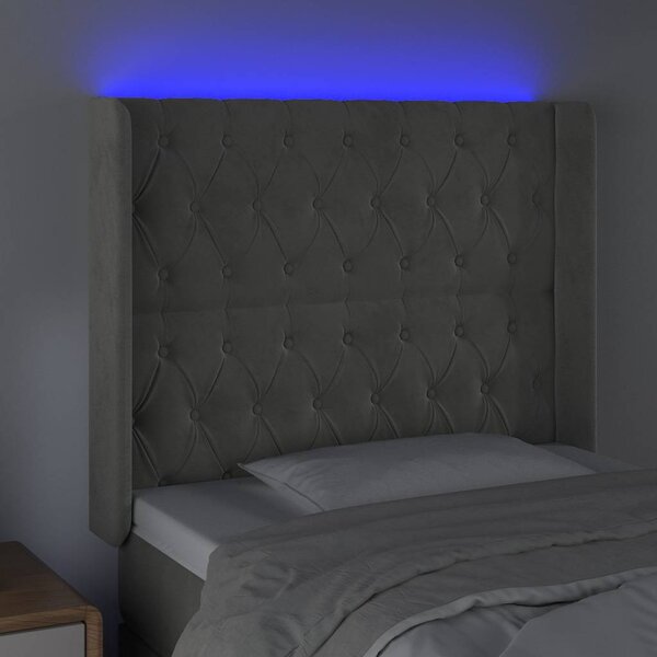 Čelo postele s LED světle šedé 93x16x118/128 cm samet 3124420