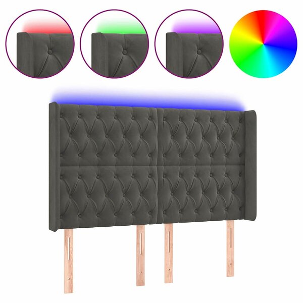 Čelo postele s LED tmavě šedé 147 x 16 x 118/128 cm samet 3124433