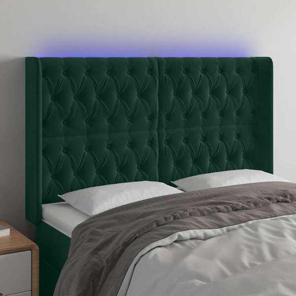 Čelo postele s LED tmavě zelené 147 x 16 x 118/128 cm samet 3124435