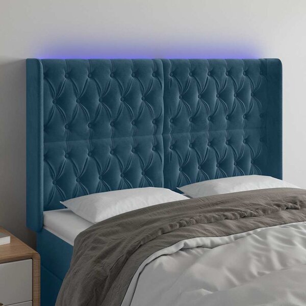 Čelo postele s LED tmavě modré 163 x 16 x 118/128 cm samet 3124442