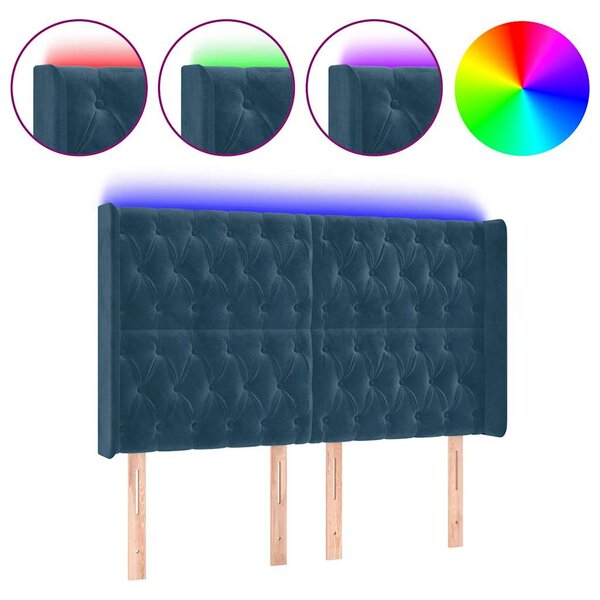 Čelo postele s LED tmavě modré 163 x 16 x 118/128 cm samet 3124442