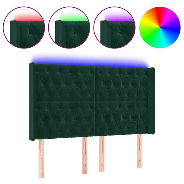 Čelo postele s LED tmavě zelené 147 x 16 x 118/128 cm samet 3124435