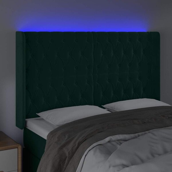 Čelo postele s LED tmavě zelené 147 x 16 x 118/128 cm samet 3124435