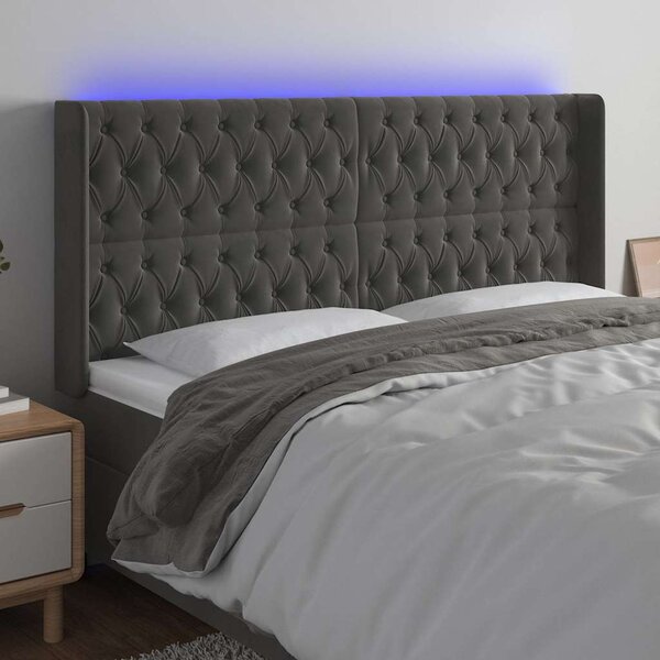 Čelo postele s LED tmavě šedé 183 x 16 x 118/128 cm samet 3124445