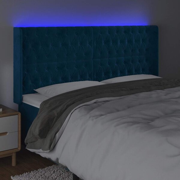 Čelo postele s LED tmavě modré 203 x 16 x 118/128 cm samet 3124454