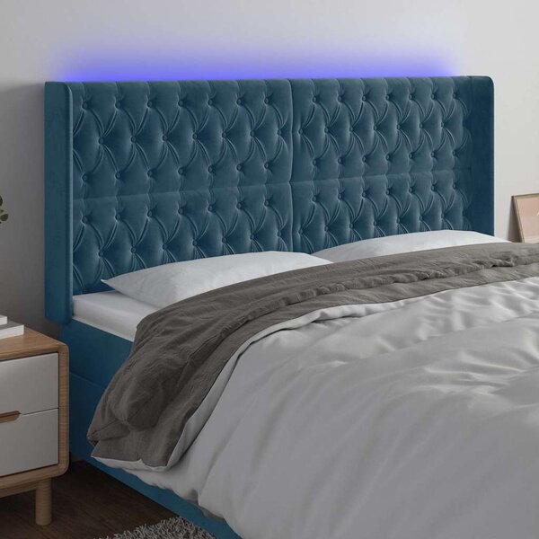 Čelo postele s LED tmavě modré 203 x 16 x 118/128 cm samet 3124454