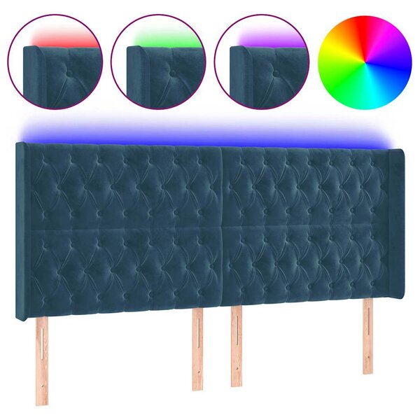 Čelo postele s LED tmavě modré 203 x 16 x 118/128 cm samet 3124454