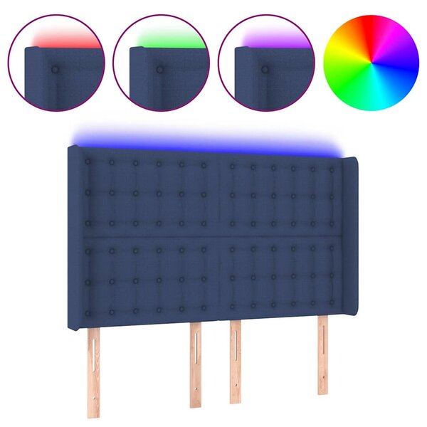 Čelo postele s LED modré 147 x 16 x 118/128 cm textil 3124486