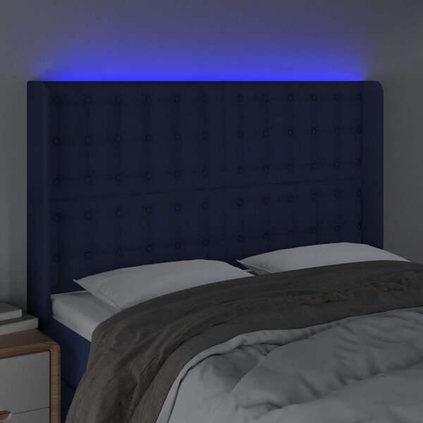 Čelo postele s LED modré 147 x 16 x 118/128 cm textil 3124486