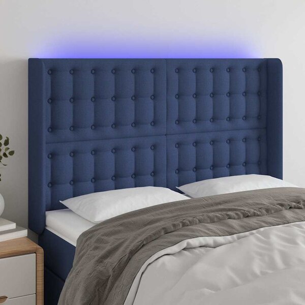 Čelo postele s LED modré 147 x 16 x 118/128 cm textil 3124486