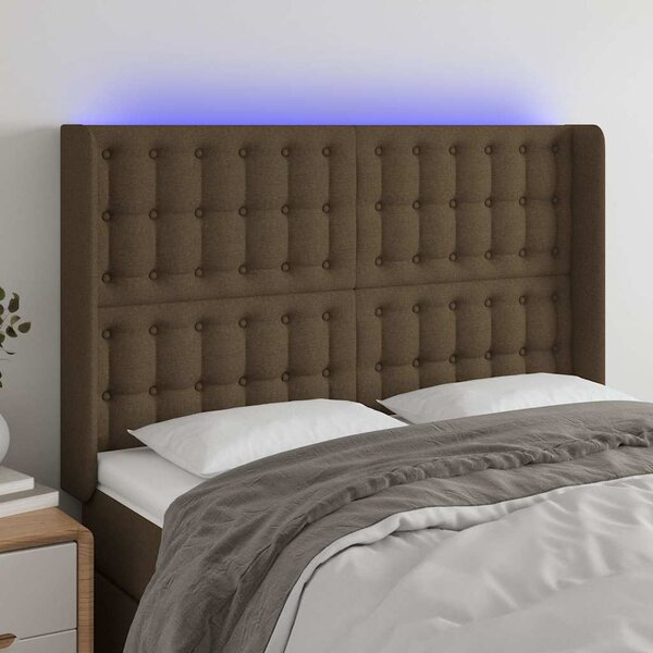 Čelo postele s LED tmavě hnědé 147 x 16 x 118/128 cm textil 3124483