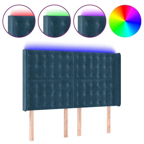 Čelo postele s LED tmavě modré 147 x 16 x 118/128 cm samet 3124534