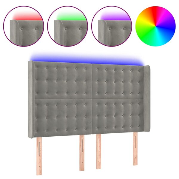 Čelo postele s LED světle šedé 147x16x118/128 cm samet 3124530