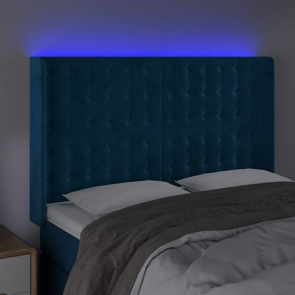 Čelo postele s LED tmavě modré 147 x 16 x 118/128 cm samet 3124534