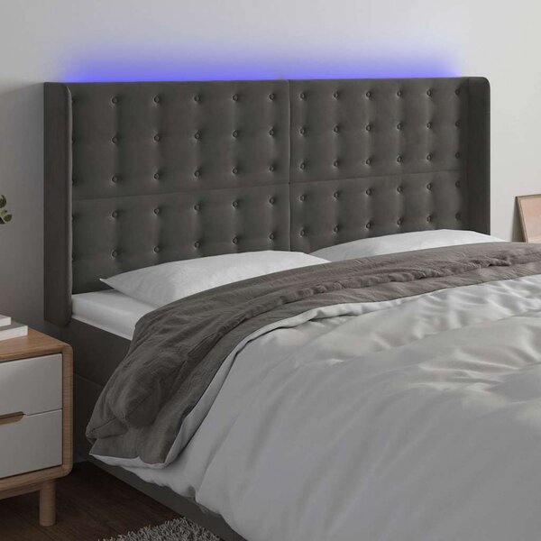 Čelo postele s LED tmavě šedé 183 x 16 x 118/128 cm samet 3124543