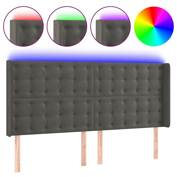 Čelo postele s LED tmavě šedé 183 x 16 x 118/128 cm samet 3124543