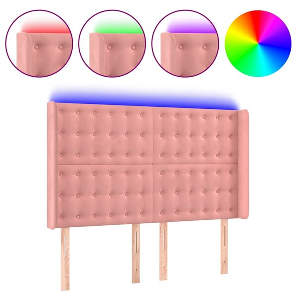 Čelo postele s LED růžové 147 x 16 x 118/128 cm samet 3124535