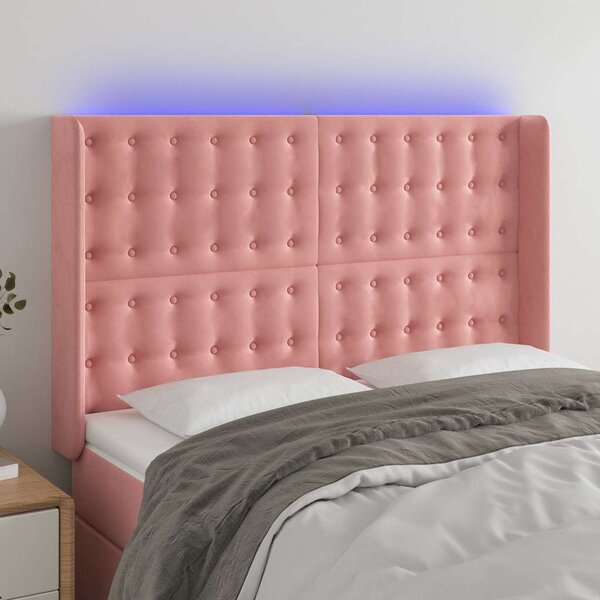 Čelo postele s LED růžové 147 x 16 x 118/128 cm samet 3124535