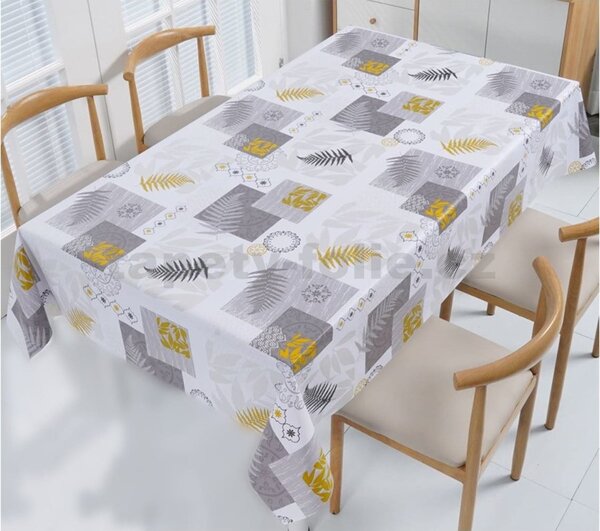Ubrus PVC 3581569, metráž, šířka 140 cm, kapradí šedo-žluté s ornamenty, IMPOL TRADE