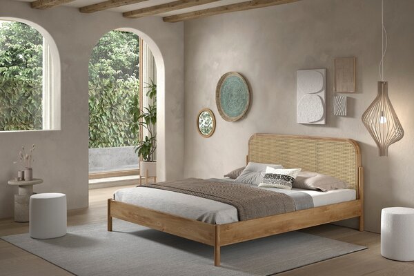 Vipack Dubová postel Olive 180 x 200 cm s ratanovým čelem