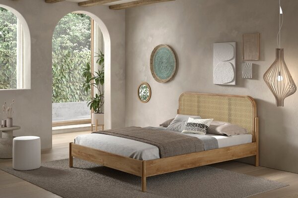 Vipack Dubová postel Olive 160 x 200 cm s ratanovým čelem