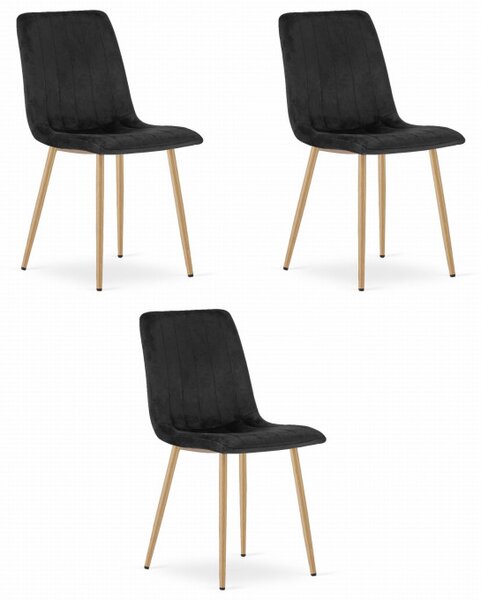 Set tří jídelních židlí LAVA sametové černé / dřevěné nohy (3 ks)
