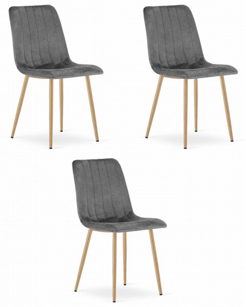 Set tří jídelních židlí LAVA sametové šedé / dřevěné nohy (3 ks)