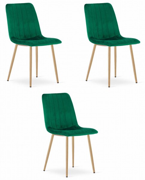 Set tří jídelních židlí LAVA sametové zelené / dřevěné nohy (3 ks)