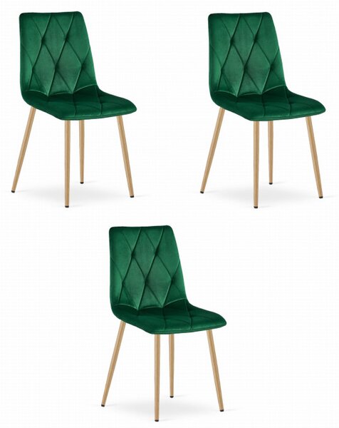 Set tří jídelních židlí LIBRA sametové tmavě zelené / dřevěné nohy (3 ks)