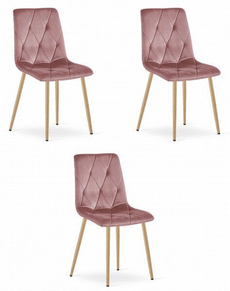 Set tří jídelních židlí LIBRA sametové růžové / dřevěné nohy (3 ks)