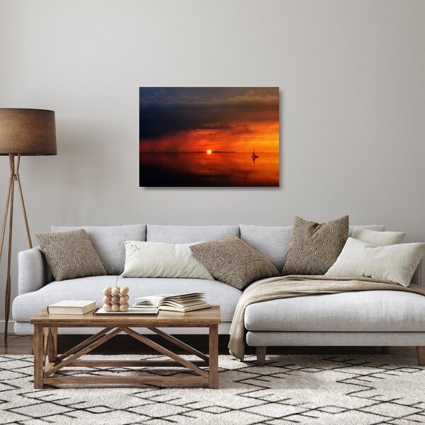Skleněný obraz západu slunce s plachetnicí (70x50 cm)