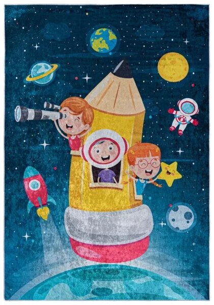Makro Abra Dětský kusový koberec vhodný k praní BAMBINO 42810 Vesmír Raketa Kosmonaut Děti modrý protiskluzový žlutý Rozměr: 80x150 cm