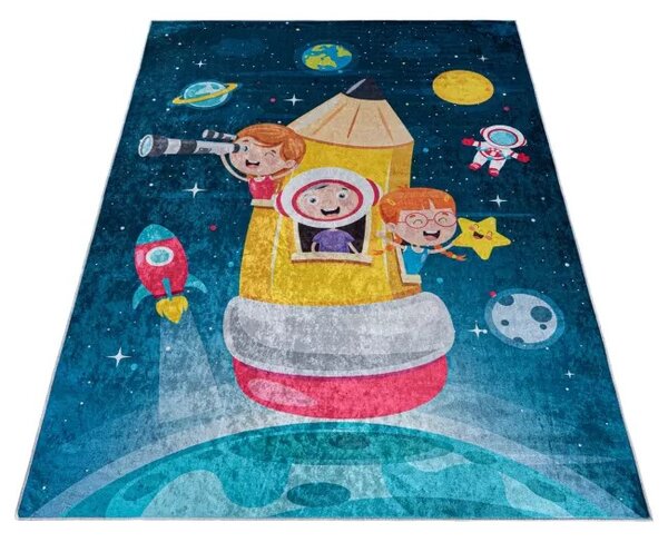 Makro Abra Dětský kusový koberec vhodný k praní BAMBINO 42810 Vesmír Raketa Kosmonaut Děti modrý protiskluzový žlutý Rozměr: 80x150 cm