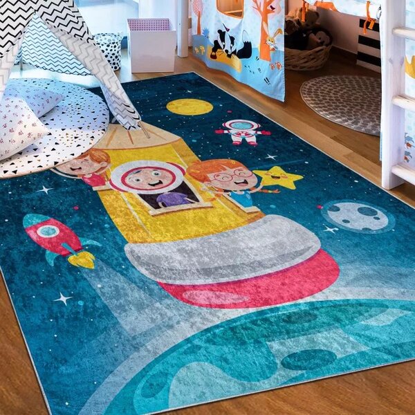 Makro Abra Dětský kusový koberec vhodný k praní BAMBINO 42810 Vesmír Raketa Kosmonaut Děti modrý protiskluzový žlutý Rozměr: 80x150 cm